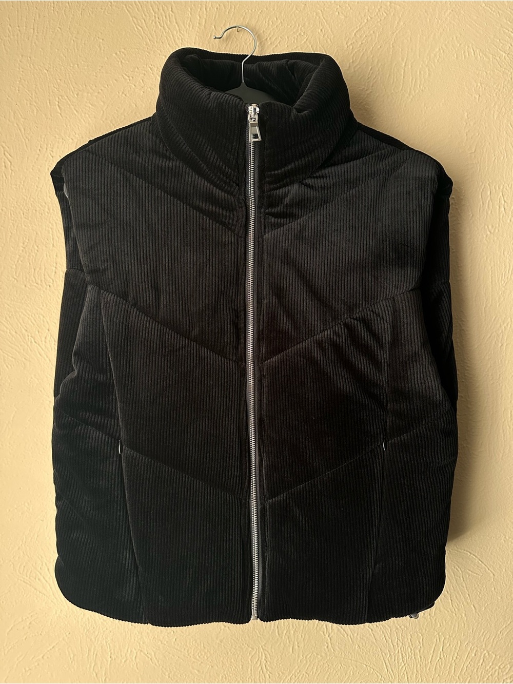 Men's Black Quilted Corduroy Puffer Vest with High Collar